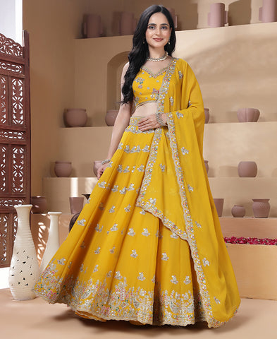 Mustard Yellow Color Sequins Embroidered Lehenga Choli