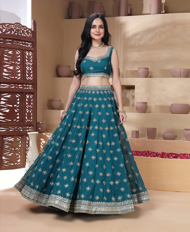 Teal Blue Sequins Embroidered Lehenga Choli