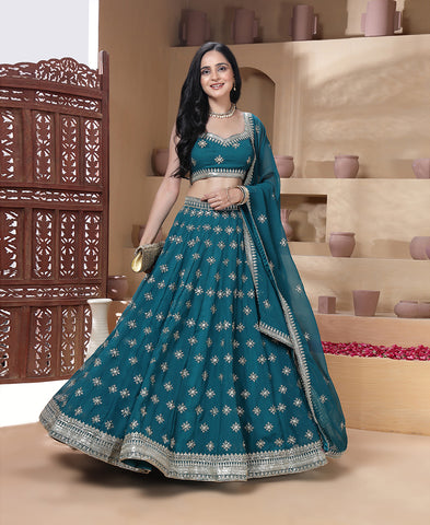 Teal Blue Sequins Embroidered Lehenga Choli