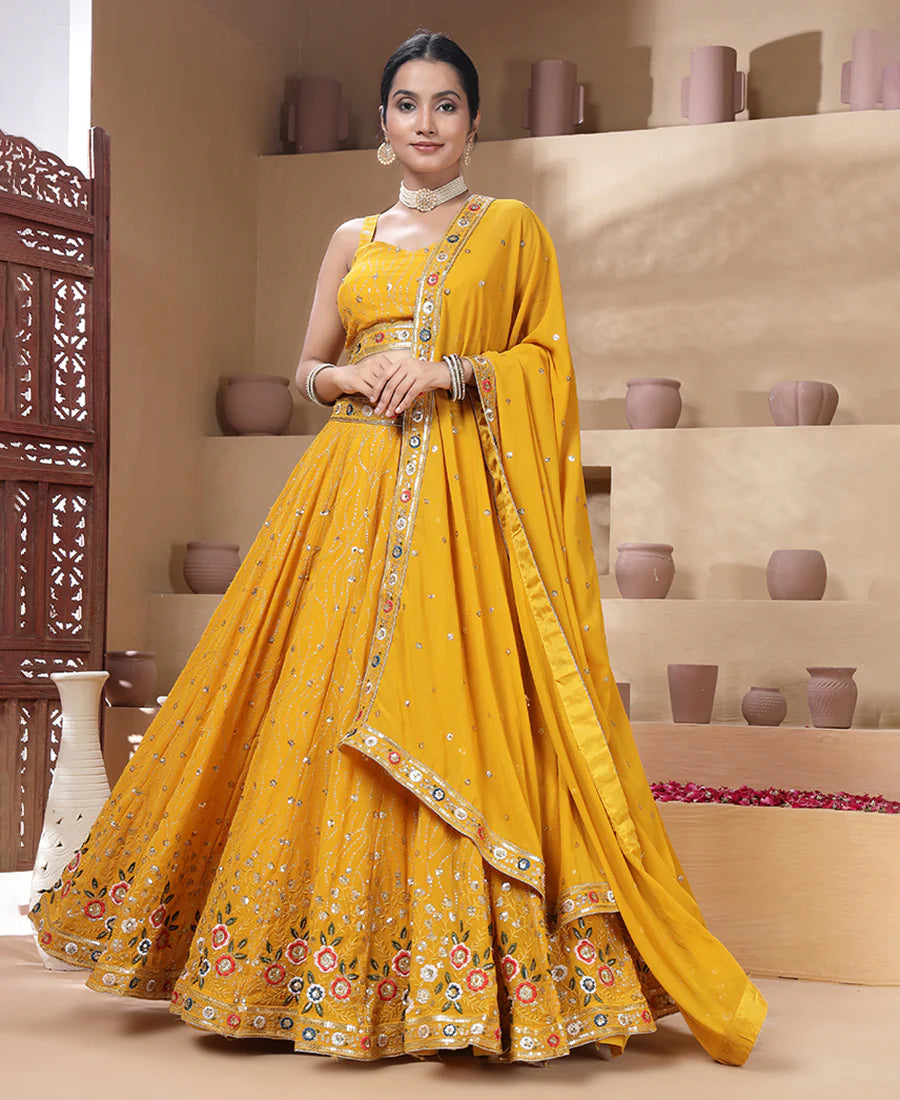 Yellow Color Multi Sequins And Thread Work Lehenga Choli