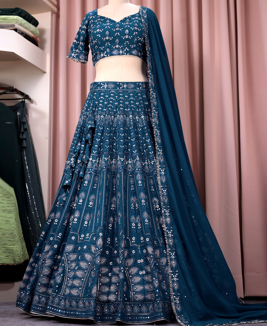 Blue Color Georgette Sequins And Embriodery Work Lehenga Choli