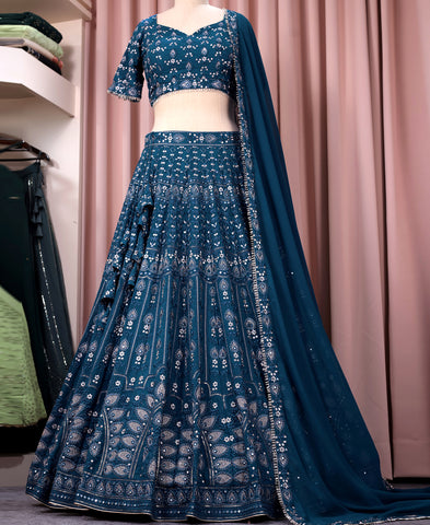 Blue Color Georgette Sequins And Embriodery Work Lehenga Choli