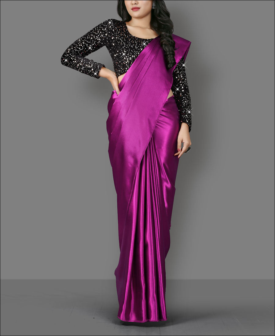 Plain Wine Color Satin Silk Saree With Velvet Sequence Work Blouse