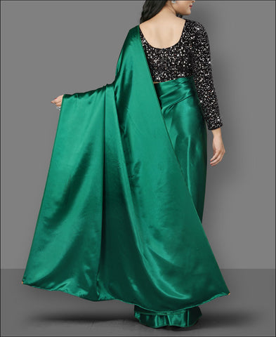 Plain Green Color Satin Silk Saree With Velvet Sequence Work Blouse