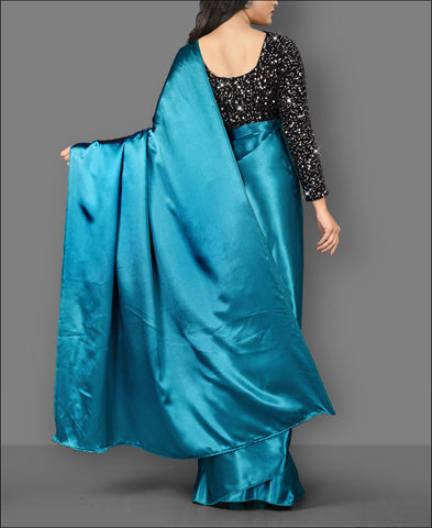 Plain Rama Color Satin Silk Saree With Velvet Sequence Work Blouse