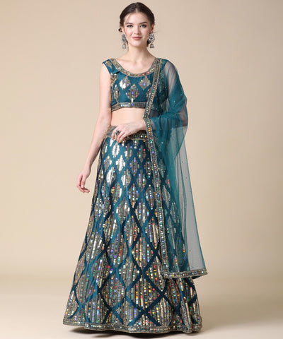 RE - Bottle Green Sequence Work Malai Satin Lehenga Choli