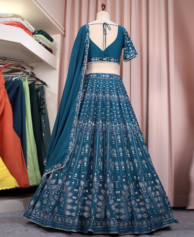 Blue Color Georgette Sequins And Embriodery Work Lehenga Choli