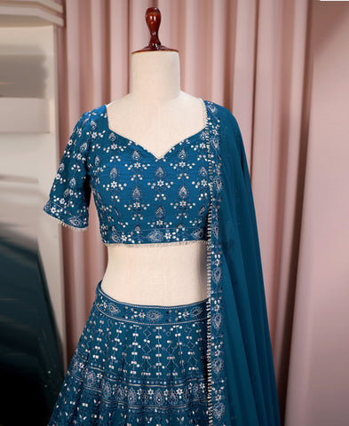 Blue Color Georgette Sequins And Embriodery Work Lehenga Choli