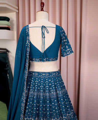 Blue Color Georgette Sequins And Embriodery Work Lehenga Choli