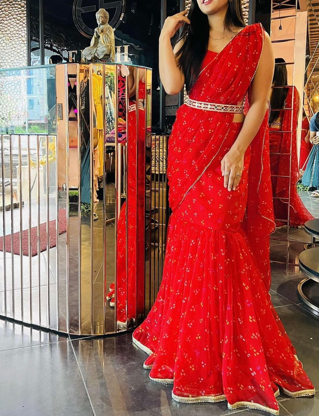 Red Color Bandhani Printed Saree