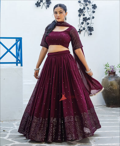 Wine Berry Colored Faux Georgette Party Wear Lehenga Choli