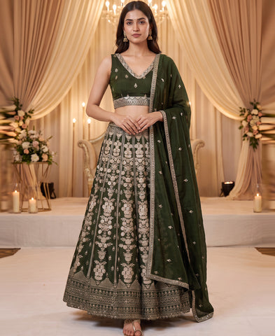 Green color Vichitra Silk Sequins and Zari Work Lehenga Choli