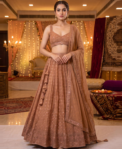 Light Orange Georgette Sequins Work Lehenga Choli