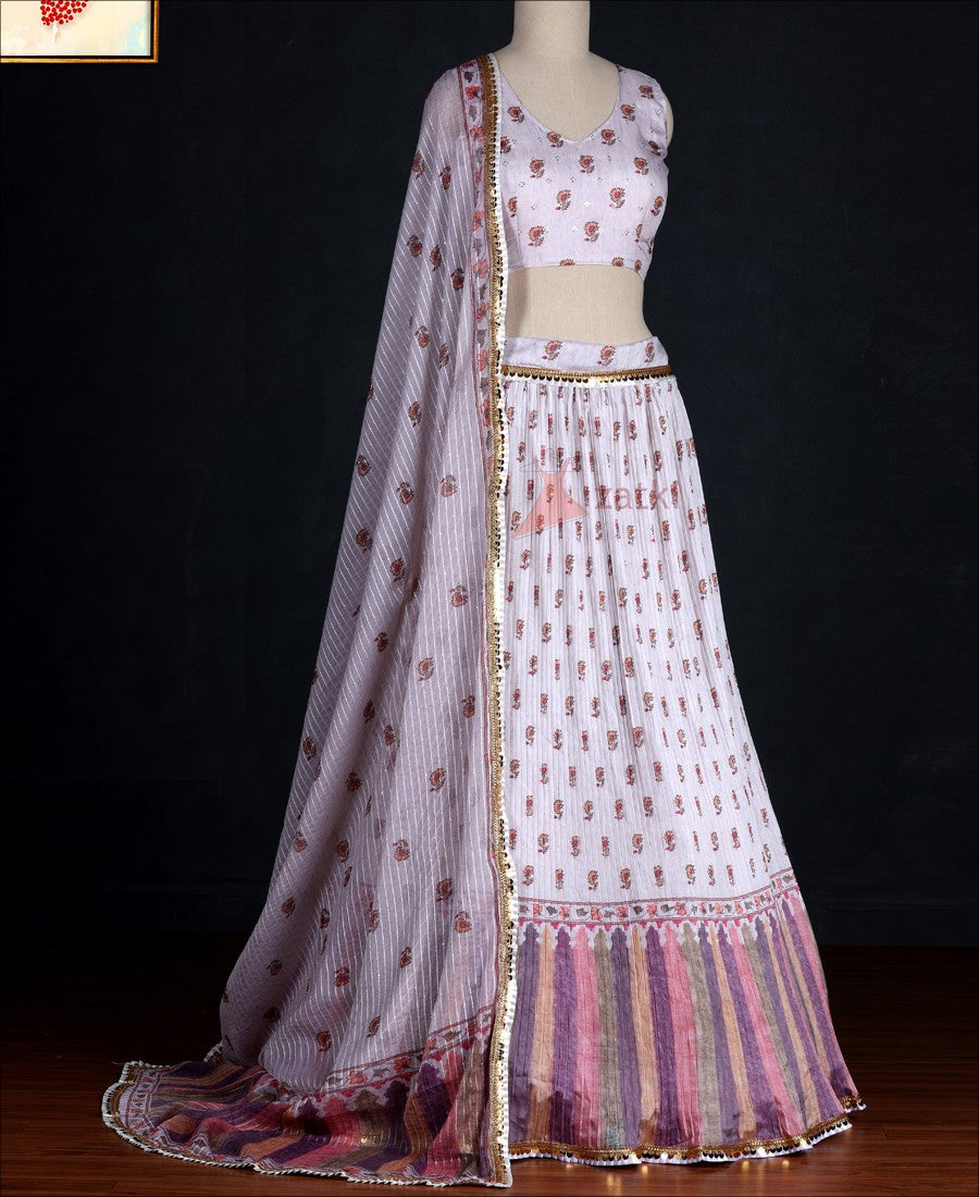 Party Wear White Colored Silk Printed Crushed Lehenga Choli