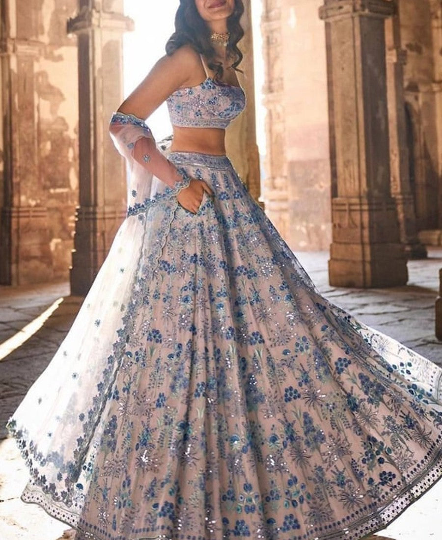 Sky and Grey Party Wear Designer Lehenga choli