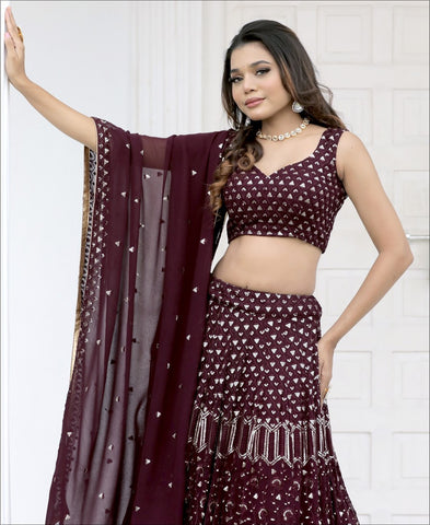 Party Wear Designer Brown Color Sequence Work Lehenga choli