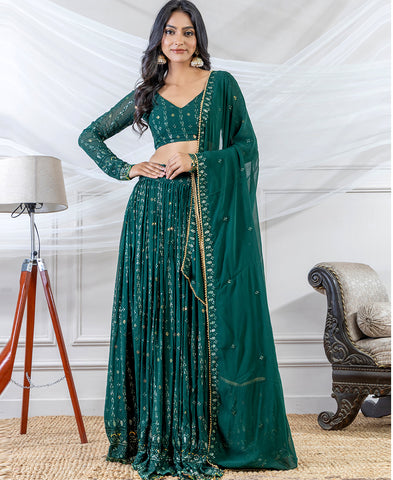 Bottle Green Color Georgette Sequins Work Lehenga Choli