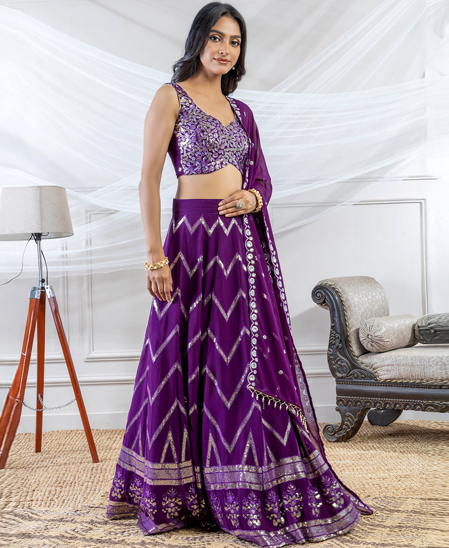 Deep Purple Georgette Sequins Work Lehenga Choli