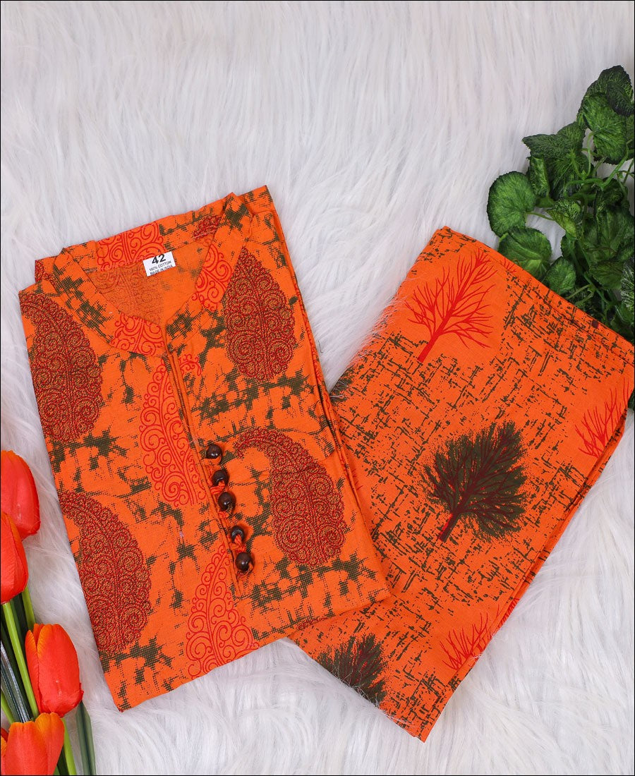 Cotton Orange Color Printed Kurti Set