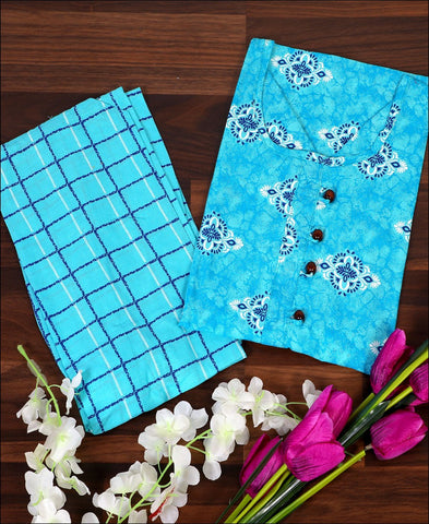 Turquoise Rayon Block Print Kurti Set