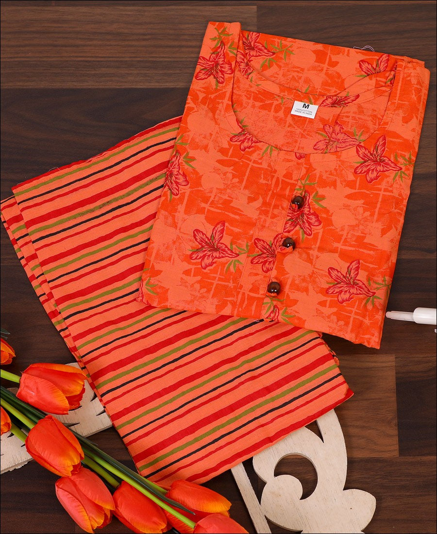 Orange Printed Cotton Kurti Set