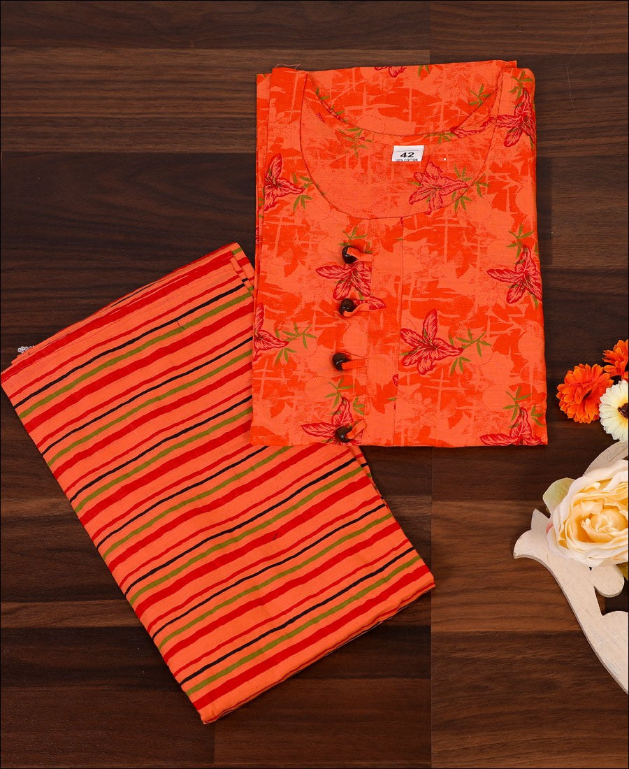 Orange Color Printed Cotton Kurti Set