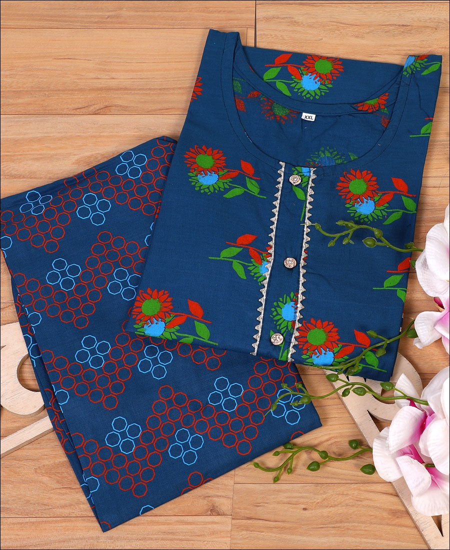 Blue Color Block Print Cotton Kurti Set