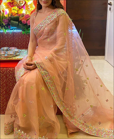 RE - Peach Party Wear Organza Silk Saree