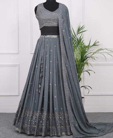 Grey color Georgette Sequins and Thread Work Lehenga Choli