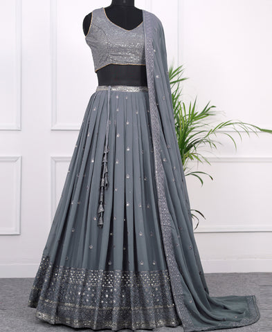 Grey color Georgette Sequins and Thread Work Lehenga Choli