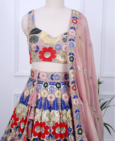 Multi Color Fendi Fabric Sequins and Thread work Lehenga Choli