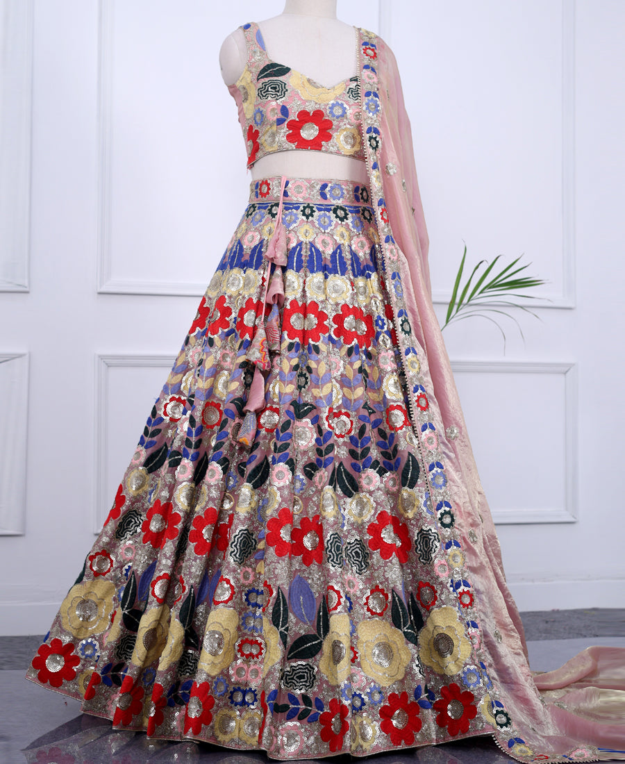 Multi Color Fendi Fabric Sequins and Thread work Lehenga Choli