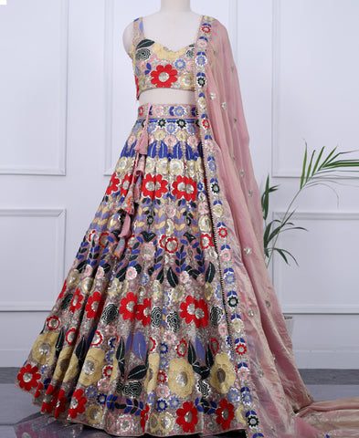 Multi Color Fendi Fabric Sequins and Thread work Lehenga Choli