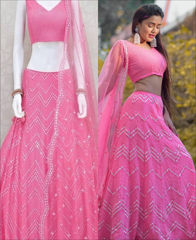 RE - Pink Colored Faux Georgette Emboidered Work Lehenga Choli