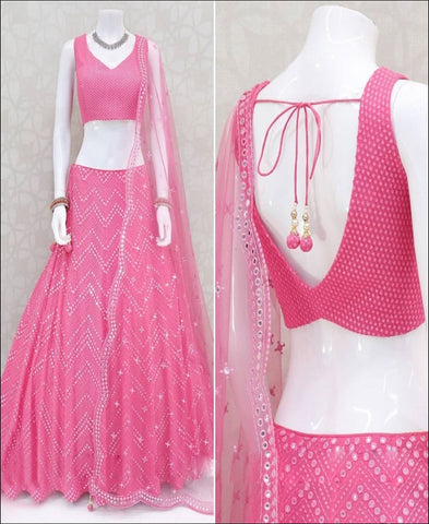 RE - Pink Colored Faux Georgette Emboidered Work Lehenga Choli