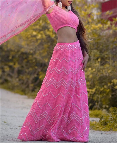 RE - Pink Colored Faux Georgette Emboidered Work Lehenga Choli