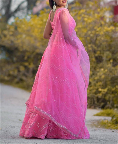 RE - Pink Colored Faux Georgette Emboidered Work Lehenga Choli