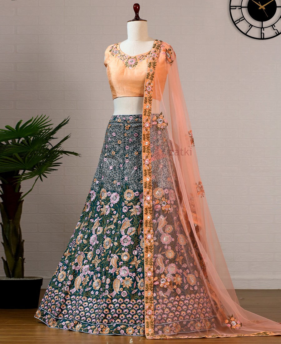 Multi Colored Malbari Satin Sequence Work Lehenga Choli