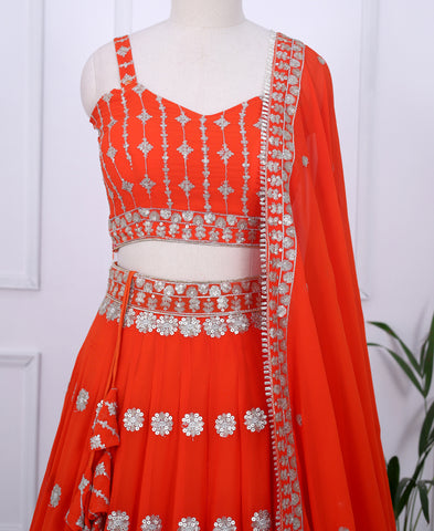 Orange Color Georgette Sequins Work Lehenga Choli