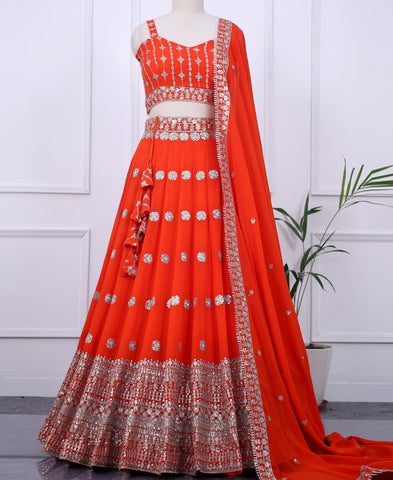 Orange Color Georgette Sequins Work Lehenga Choli
