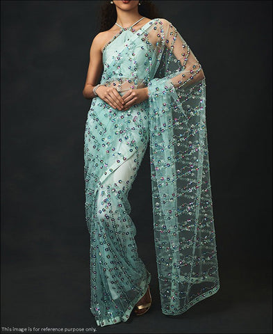 RE - Stunning Light Firozi Butterfly Net Sequence Work Saree