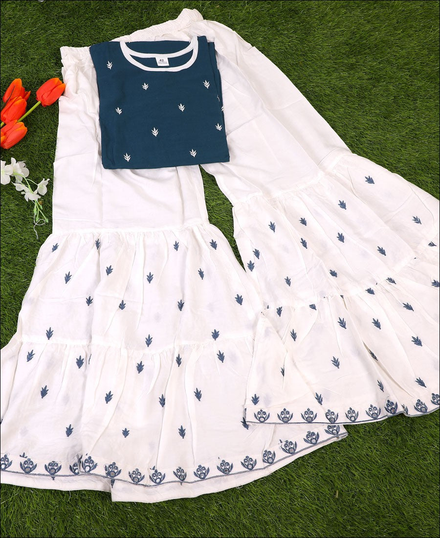 Deep Sea Blue Coloured Rayon Embroidery Work Kurti Set