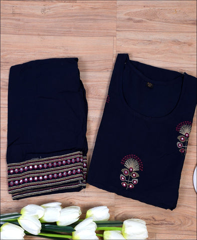 Navy Blue Coloured Cotton Embroidery Work Kurti Set