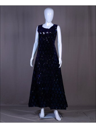 Blue Velvet Sequence Embroidered Work Gown