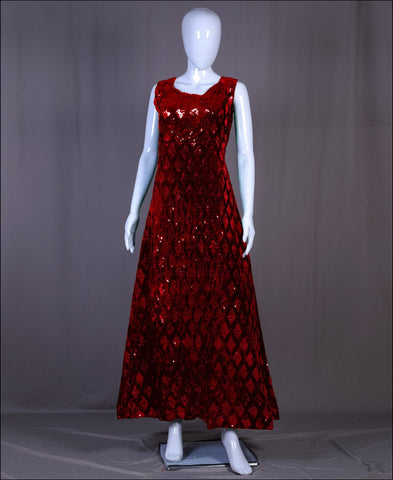 Red Velvet Sequence Embroidered Work Gown
