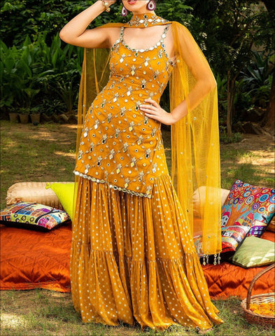 RE - Yellow Semi-stitched Sharara Sleeveless Suit