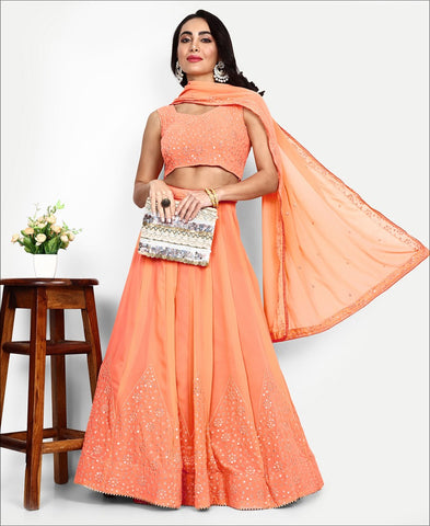 Peach Colored Georgette Sequence Work Lehenga Choli