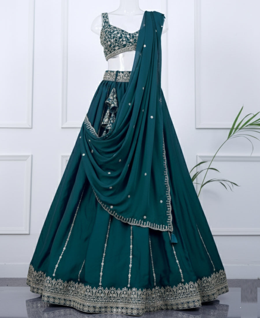 Bottle Green Color Sequins Embroidered Lehenga Choli