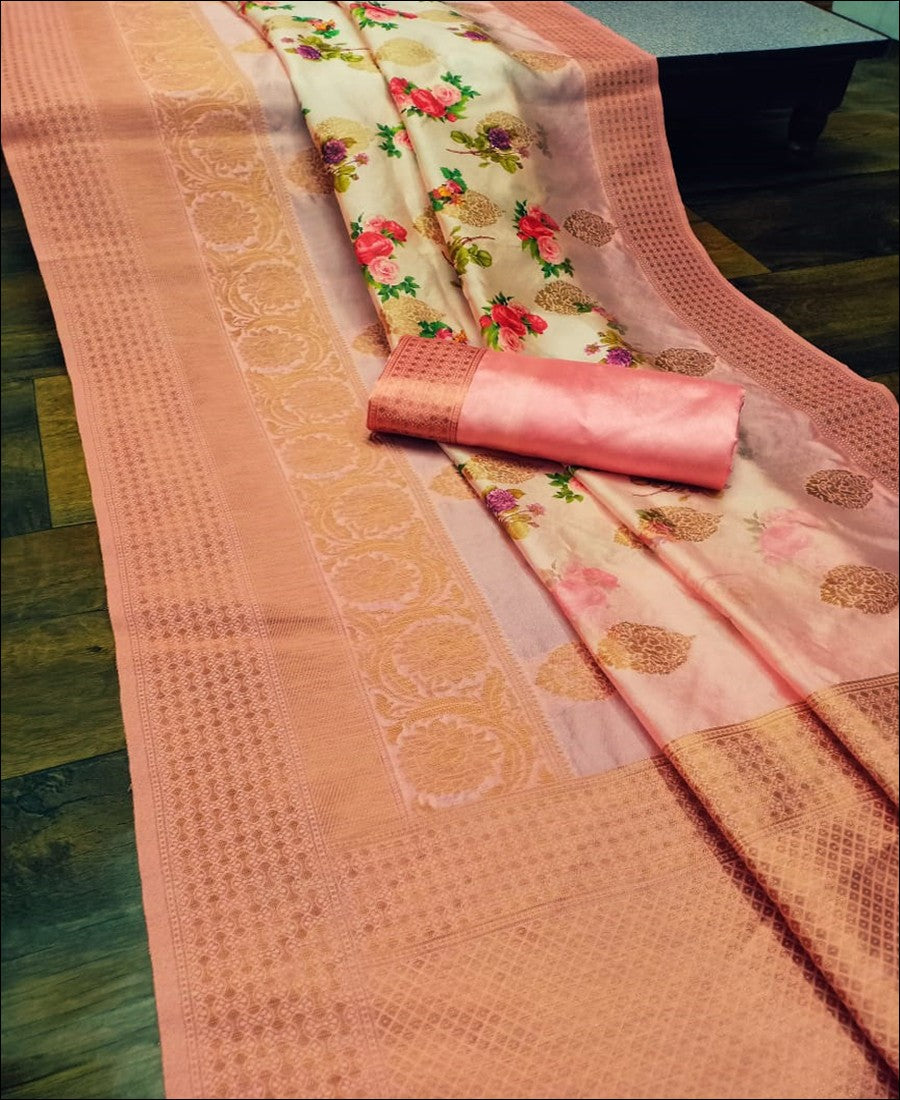 RE - Captivating Peach Colored Lichi Jaquard Silk Saree