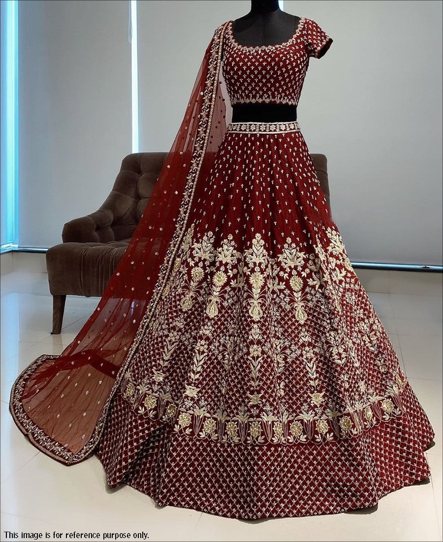RE - Dark Maroon Coloured Taffeta Silk Embridered Work Lehenga Choli